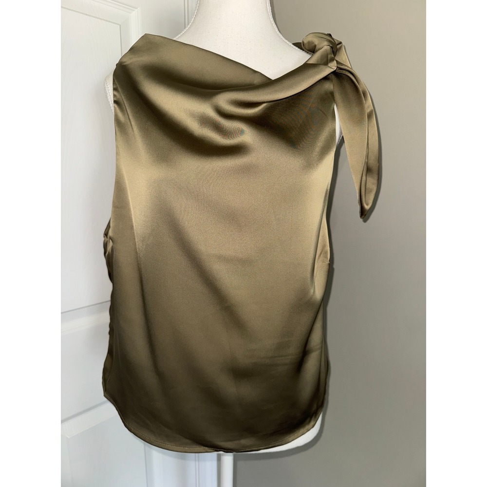 Deluc Olive Green Satin Cowl Neck Tie Shoulder Sleeveless Blouse Top Womens L